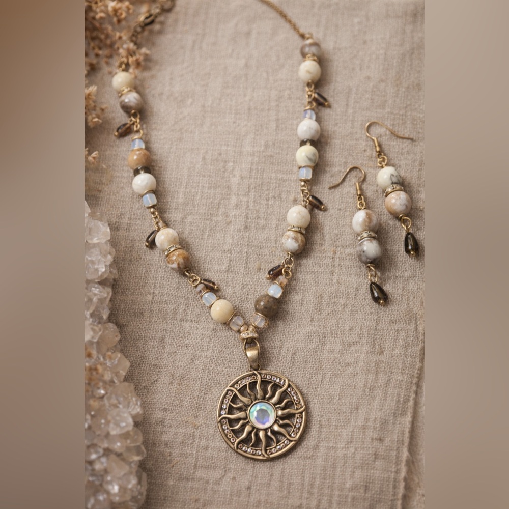 Handmade Dendritic Opal & Smoky Quartz Sun Necklace Set